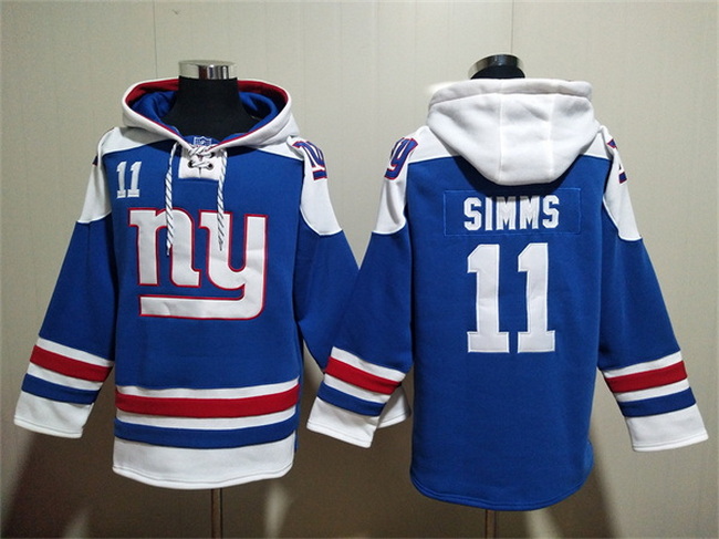 Men New York Giants 11 Phil Simms Blue Lace Up Pullover Hoodie