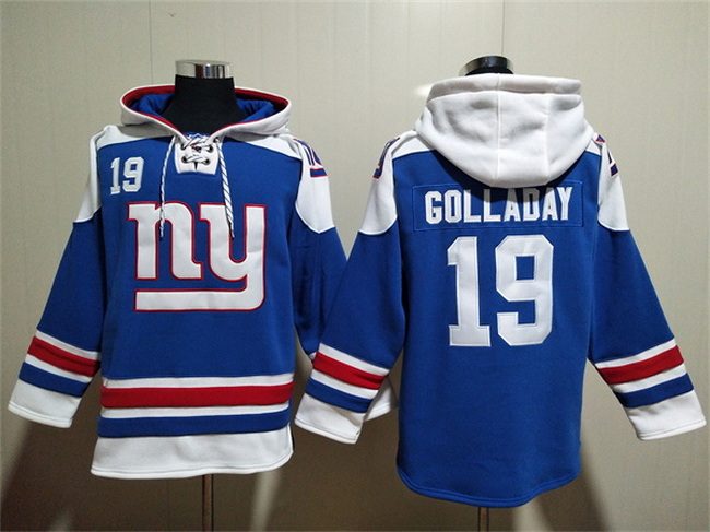 Men New York Giants 19 Kenny Golladay Blue Lace Up Pullover Hoodie