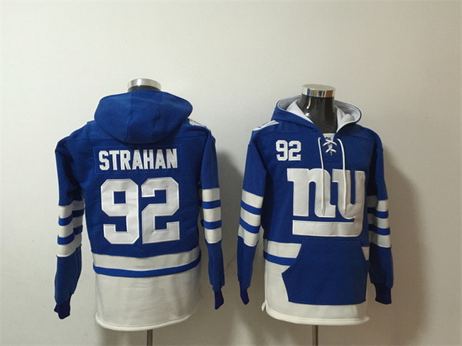 Men New York Giants 92 Michael Strahan Blue White Lace Up Pullover Hoodie