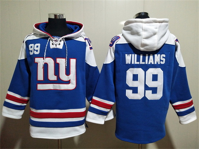 Men New York Giants 99 Leonard Williams Blue Lace Up Pullover Hoodie