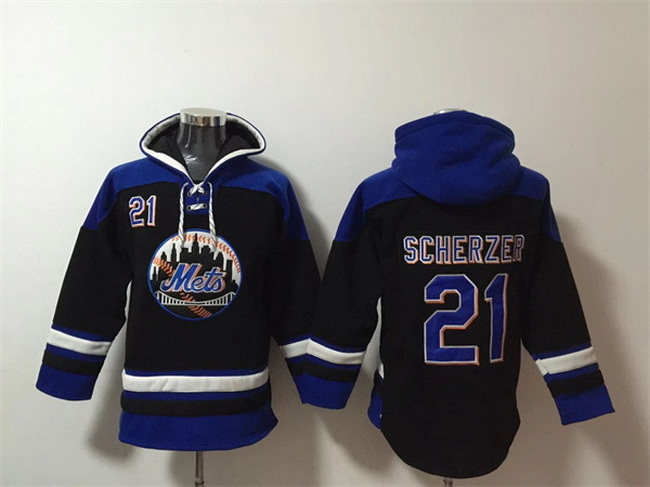 Men New York Mets 21 Max Scherzer Black Blue Ageless Must Have Lace Up Pullover Hoodie