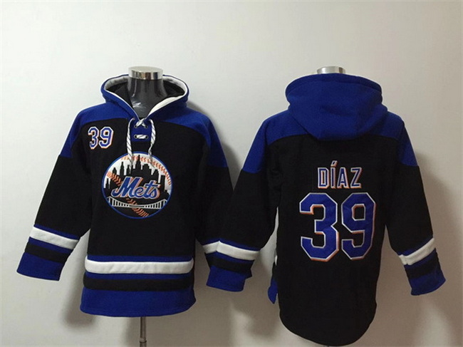 Men New York Mets 39 Edwin D EDaz Black Blue Ageless Must Have Lace Up Pullover Hoodie