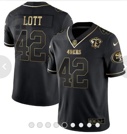 Men San Francisco 49ers Ronnie Lott 75th Anniversary Patch White Gold Black Gold Jersey