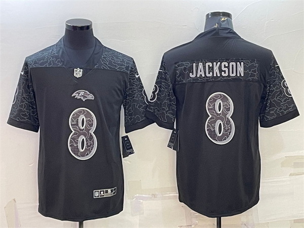 Men Baltimore Ravens 8 Lamar Jackson Black Reflective Limited Stitched Football Jersey