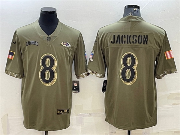 Men Baltimore Ravens 8 Lamar Jackson Olive 2022 Salute To Service Limited Stitched Jersey