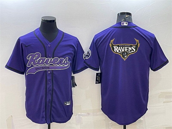 Men Baltimore Ravens Purple Team Big Logo With Patch Cool Base Stitched Baseball Jersey