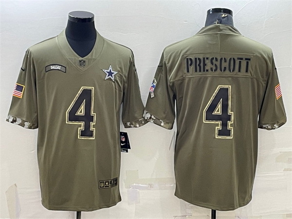 Men Dallas Cowboys 4 Dak Prescott Olive 2022 Salute To Service Limited Stitched Jersey