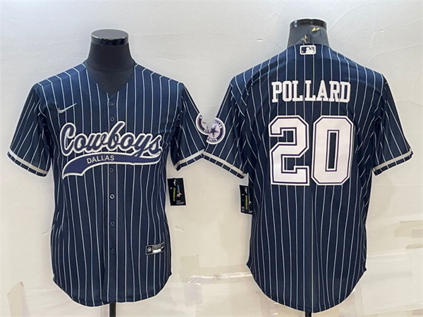 Men Dallas Cowboys 20 Tony Pollard Navy With Patch Cool Base Stitched Baseball Jersey