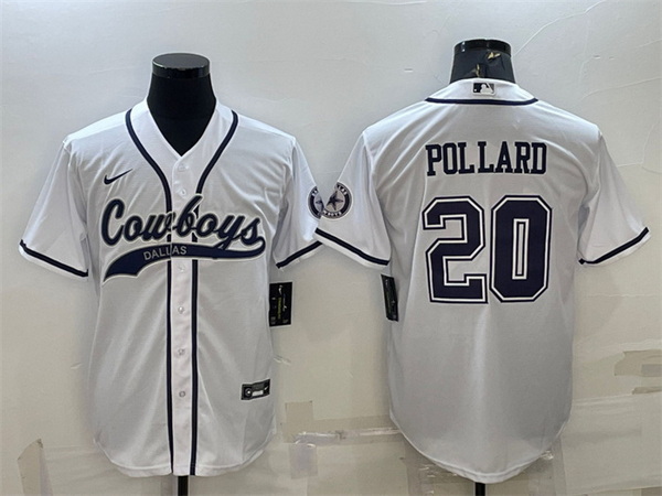 Men Dallas Cowboys 20 Tony Pollard White With Patch Cool Base Stitched Baseball Jersey