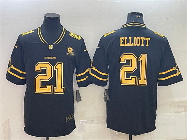 Men Dallas Cowboys 21 Ezekiel Elliott Black Gold Edition With 1960 Patch Limited Stitched Football J