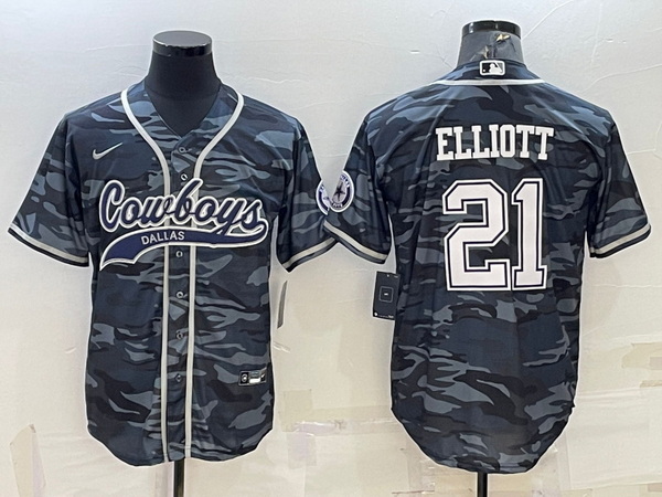 Men Dallas Cowboys 21 Ezekiel Elliott Grey Camo With Patch Cool Base Stitched Baseball Jersey