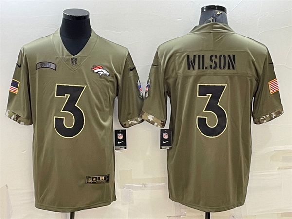 Men Denver Broncos 3 Russell Wilson Olive 2022 Salute To Service Limited Stitched Jersey