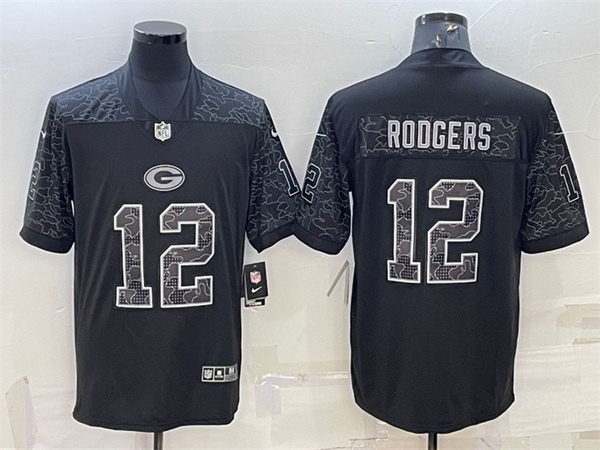 Men Green Bay Packers 12 Aaron Rodgers Black Reflective Limited Stitched Football Jersey