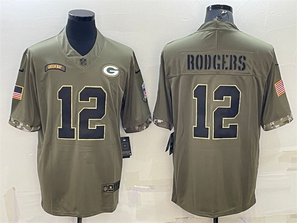 Men Green Bay Packers 12 Aaron Rodgers Olive 2022 Salute To Service Limited Stitched Jersey