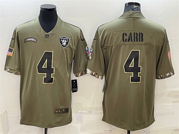 Men Las Vegas Raiders 4 Derek Carr Olive 2022 Salute To Service Limited Stitched Jersey