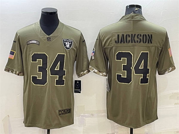 Men Las Vegas Raiders 34 Bo Jackson Olive 2022 Salute To Service Limited Stitched Jersey