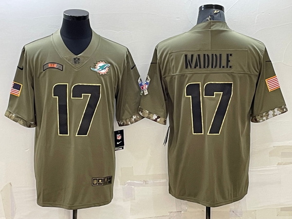 Men Miami Dolphins 17 Jaylen Waddle 2022 Olive Salute To Service Limited Stitched Baseball Jersey