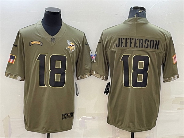 Men Minnesota Vikings 18 Justin Jefferson Olive 2022 Salute To Service Limited Stitched Jersey