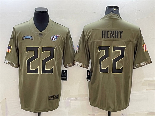 Men Tennessee Titans 22 Derrick Henry Olive 2022 Salute To Service Limited Stitched Jersey