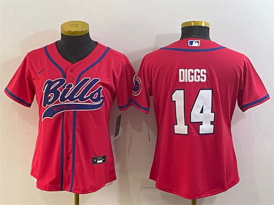 Women Buffalo Bills 14 Stefon Diggs Red With Patch Cool Base Stitched Baseball Jersey