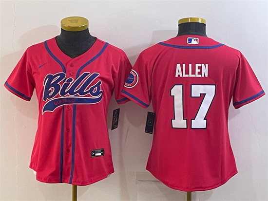 Women Buffalo Bills 17 Josh Allen Red With Patch Cool Base Stitched Baseball Jersey