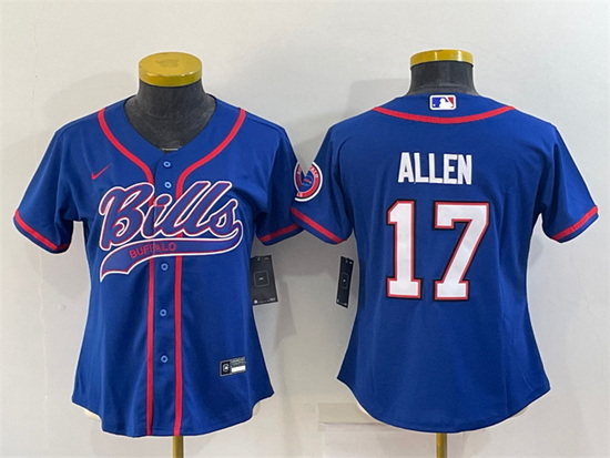 Women Buffalo Bills 17 Josh Allen Royal With Patch Cool Base Stitched Baseball Jersey