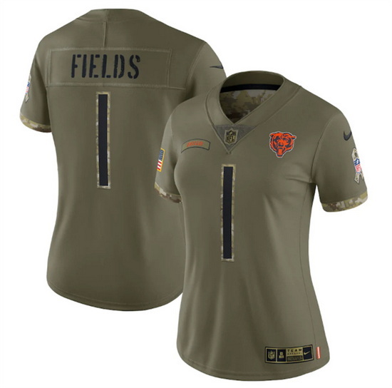 Women Chicago Bears 1 Justin Fields 2022 Olive Salute To Service Limited Stitched Jersey