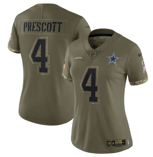 Women Dallas Cowboys 4 Dak Prescott Olive 2022 Salute To Service Limited Stitched Jersey