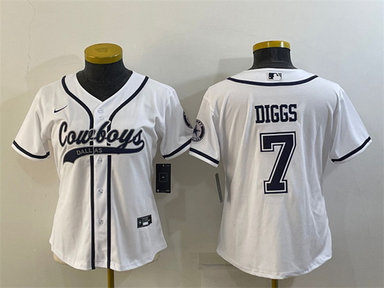 Women Dallas Cowboys 7 Trevon Diggs White With Patch Cool Base Stitched Baseball Jersey