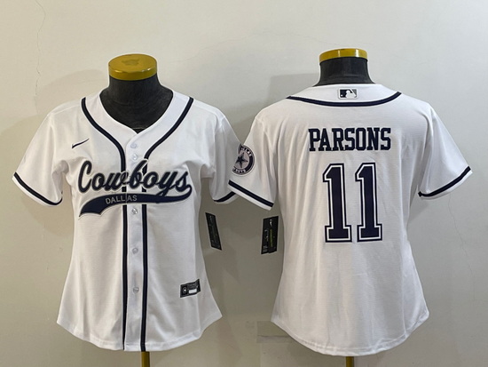 Women Dallas Cowboys 11 Micah Parsons White With Patch Cool Base Stitched Baseball Jersey