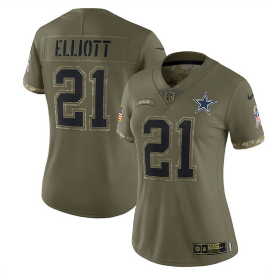 Women Dallas Cowboys 21 Ezekiel Elliott 2022 Olive Salute To Service Limited Stitched Jersey