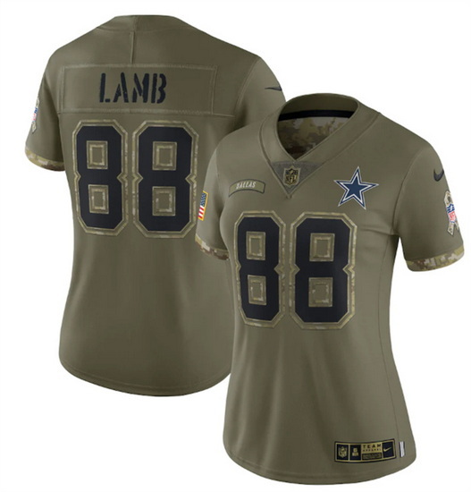 Women Dallas Cowboys 88 CeeDee Lamb Olive 2022 Salute To Service Limited Stitched Jersey