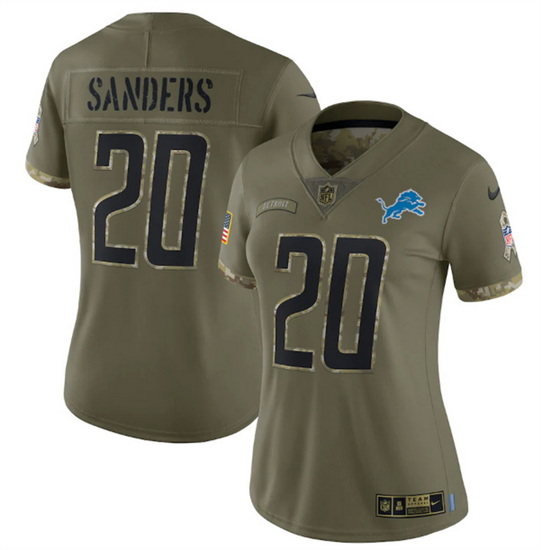 Women Detroit Lions 20 Barry Sanders 2022 Olive Salute To Service Limited Stitched Jersey