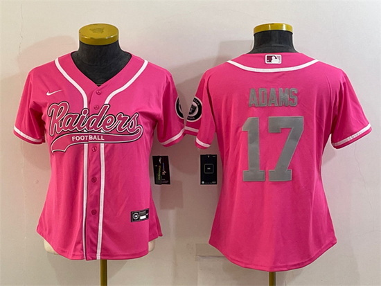 Women Las Vegas Raiders 17 Davante Adams Pink Silver With Patch Cool Base Stitched Baseball Jersey