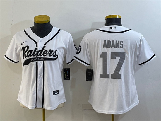 Women Las Vegas Raiders 17 Davante Adams White Silver With Patch Cool Base Stitched Baseball Jersey