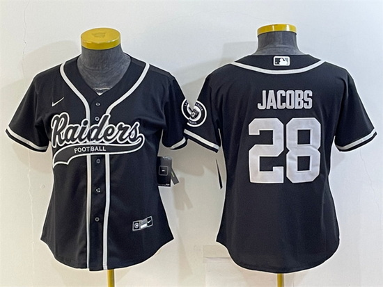 Women Las Vegas Raiders 28 Josh Jacobs Black With Patch Cool Base Stitched Baseball Jersey