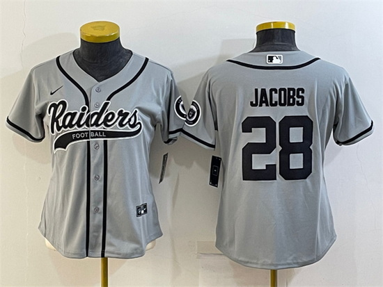 Women Las Vegas Raiders 28 Josh Jacobs Grey With Patch Cool Base Stitched Baseball Jersey