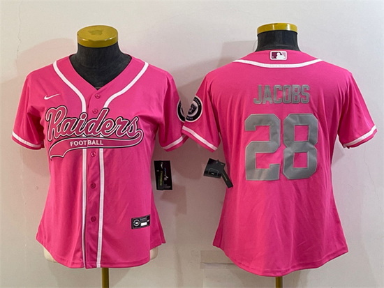 Women Las Vegas Raiders 28 Josh Jacobs Pink Silver With Patch Cool Base Stitched Baseball Jersey