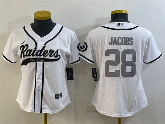 Women Las Vegas Raiders 28 Josh Jacobs White Silver With Patch Cool Base Stitched Baseball Jersey