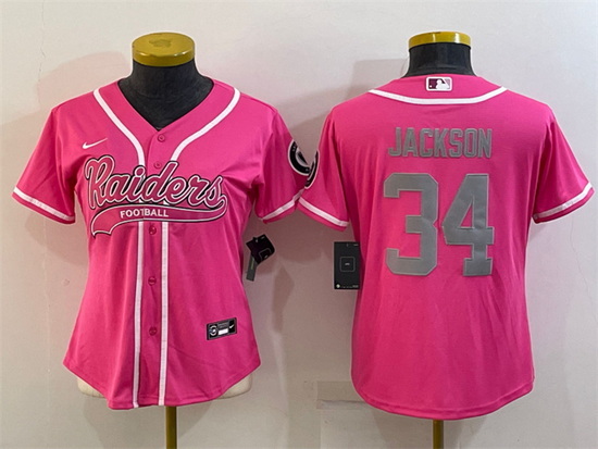 Women Las Vegas Raiders 34 Bo Jackson Pink Silver With Patch Cool Base Stitched Baseball Jersey