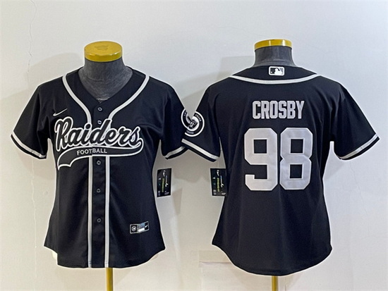 Women Las Vegas Raiders 98 Maxx Crosby Black With Patch Cool Base Stitched Baseball Jersey