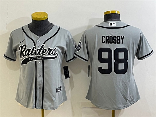 Women Las Vegas Raiders 98 Maxx Crosby Grey With Patch Cool Base Stitched Baseball Jersey