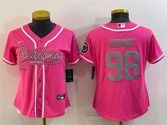 Women Las Vegas Raiders 98 Maxx Crosby Pink Silver With Patch Cool Base Stitched