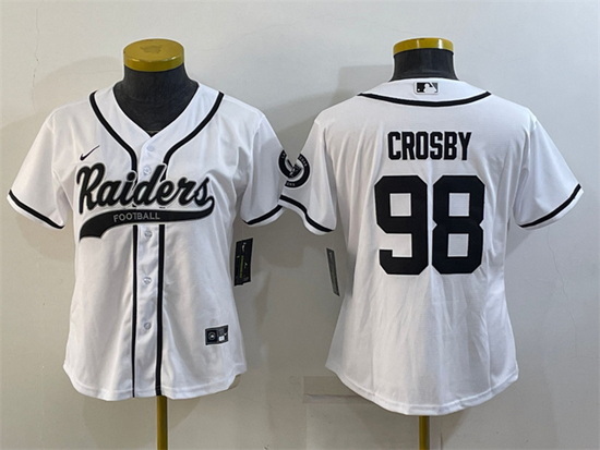 Women Las Vegas Raiders 98 Maxx Crosby White With Patch Cool Base Stitched Baseball Jersey