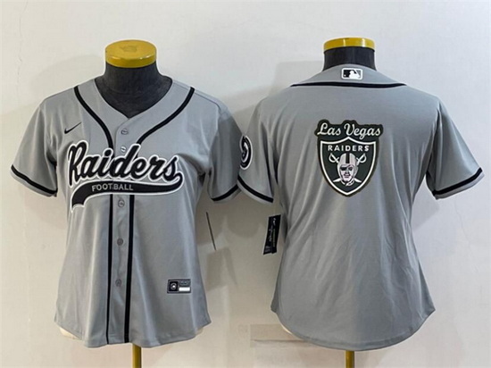 Women Las Vegas Raiders Grey Team Big Logo With Patch Cool Base Stitched Baseball Jersey