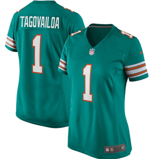 Women Miami Dolphins 1 Tua Tagovailoa Aqua Color Rush Stitched Jersey