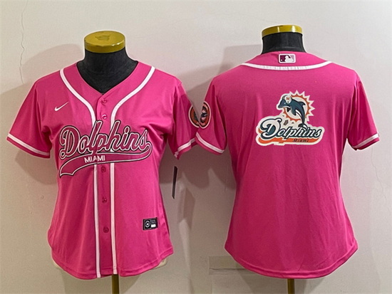 Women Miami Dolphins Pink Team Big Logo With Patch Cool Base Stitched Baseball Jersey