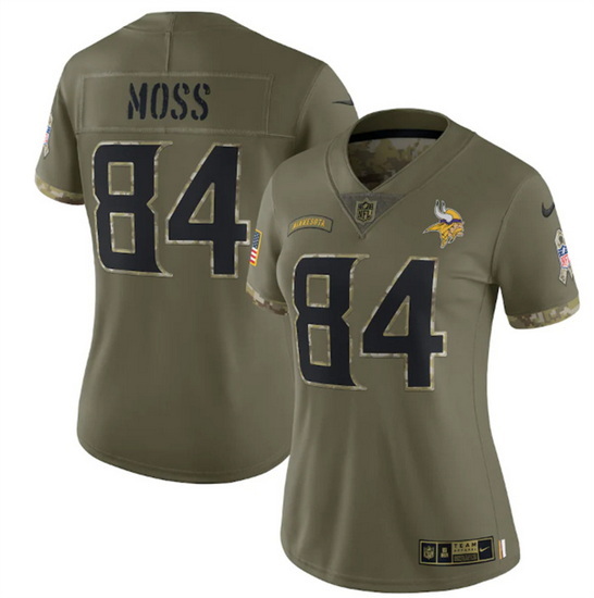 Women Minnesota Vikings 84 Randy Moss 2022 Olive Salute To Service Limited Stitched Jersey