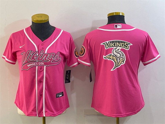 Women Minnesota Vikings Pink Team Big Logo With Patch Cool Base Stitched Baseball Jersey