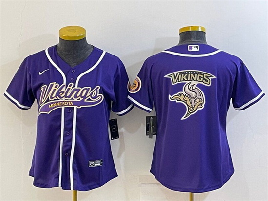 Women Minnesota Vikings Purple Team Big Logo With Patch Cool Base Stitched Baseball Jersey